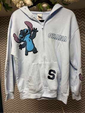Disney Embroidered Patched Light Blue Stitch 'Ohana' Zip Graphic Hoodie